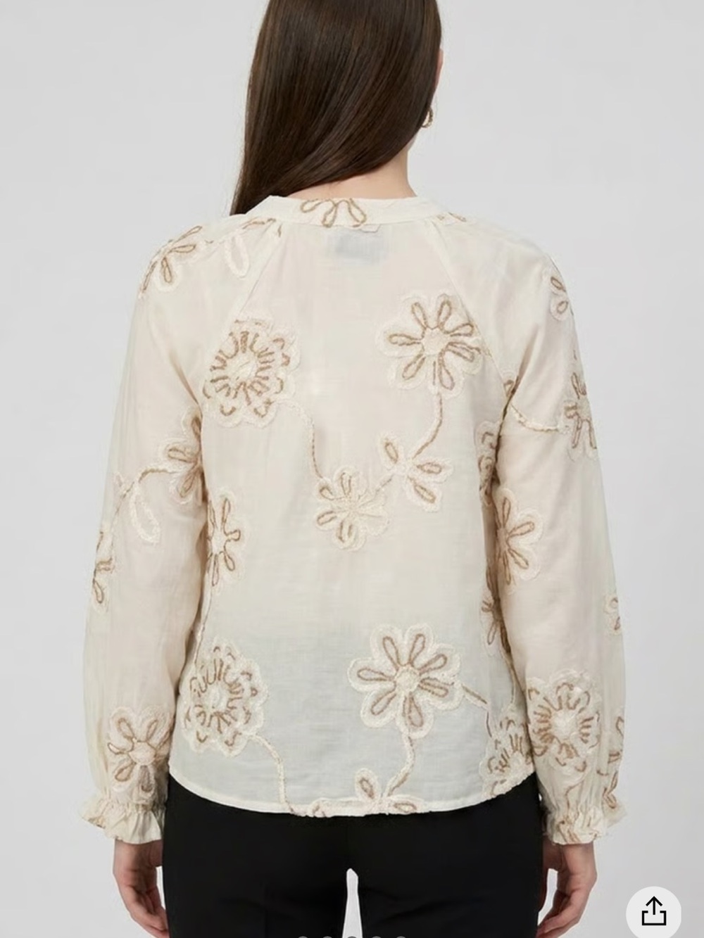 Embroidered Cream Tie-Neck Peasant Blouse - Women - Picture 3 of 7